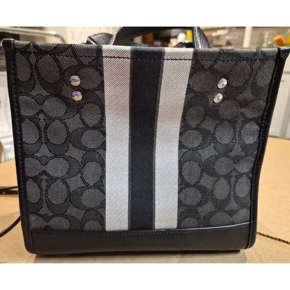 Coach Dempsey Tote 22 Signature Canvas Varsity Stripe Patch Charcoal Black - Picture 4 of 4